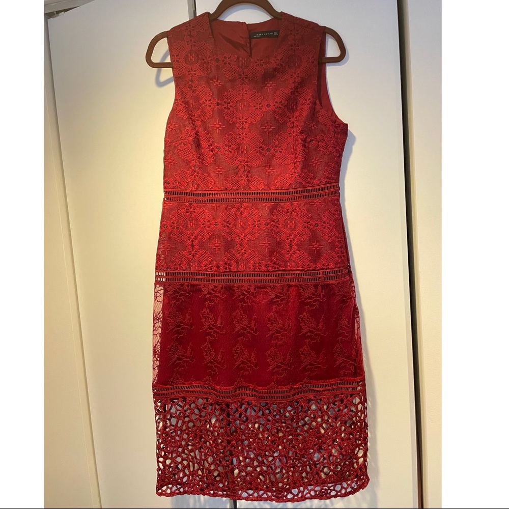 NWOT ZARA Embroidered Midi Lace Crochet Sheath Red Dress size L